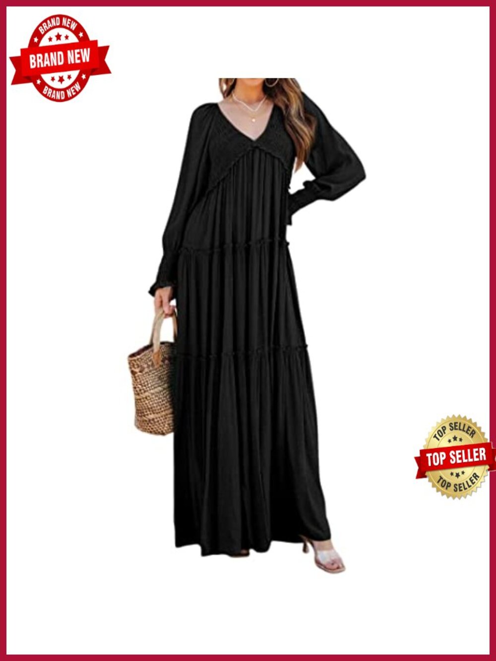 Flowy Maxi Dress Long Sleeve V Neck Ruffle Boho Casual Empire Waist